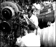 H-1 engines in Rocketdyne's assembly line at Canoga Park, California.