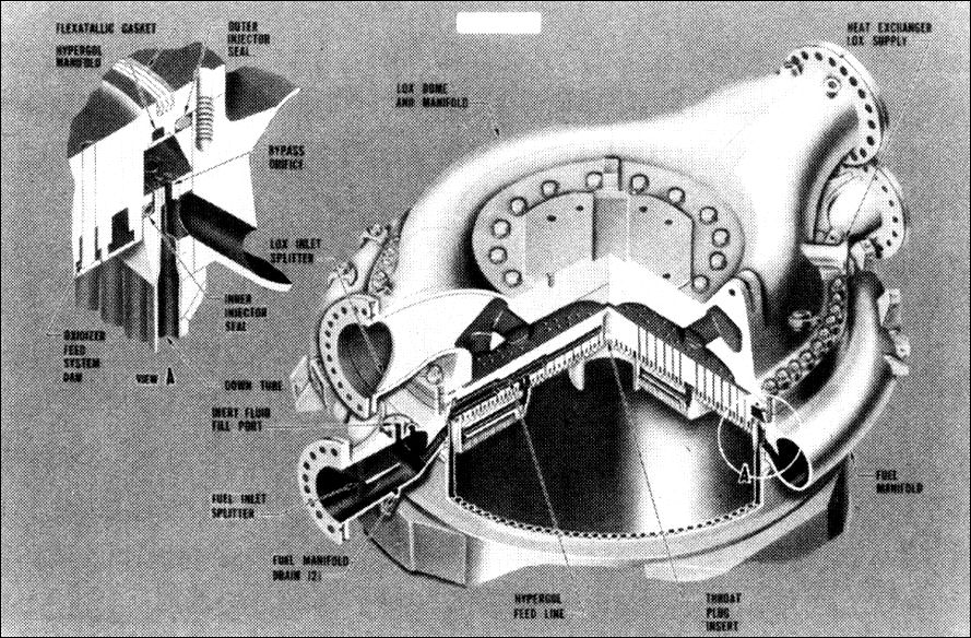 a cutaway drawing of the liquid oxygen dome and the injector plate of the F-1 engine