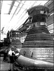 The production line for F-1 engine thrust chambers at Rocketdyne.