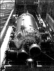 A Centaur stage with the two RL-10 liquid-hydrogen-fueled engines used on the S-IV stage of Saturn 1.