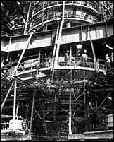 a cluster of five J-2 engines are readied for firing at Santa Susanna.