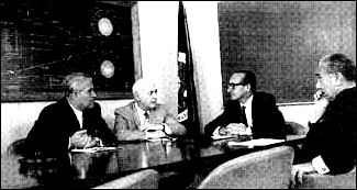 NASA Office of Manned Space Flight Management Council: the principals, George E. Mueller (third from left), Associate Administrator for Manned Space Flight and chairman, with manned space flight center directors Wernher von Braun (MSFC), Robert R. Gilruth (MSC), and Kurt H Debus (KSC).