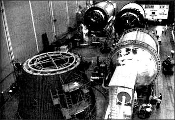 This scene is in the Douglas plant; S-IVB stages are being fabricated and assembled under the banner on the far wall, <<Saturn VIP,>> which in Douglas stood for their <<Very important People>> who had made safety or quality assurance contributions.