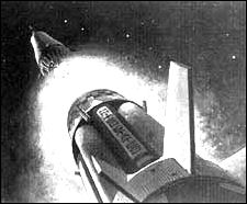 an artist's conception of S-I V stage separation in space, with the six RL-10 engines kicking the payload into orbit.