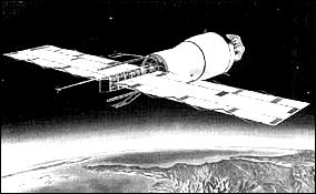 an artist's conception of Pegasus in orbit with meteoroid detector extended.