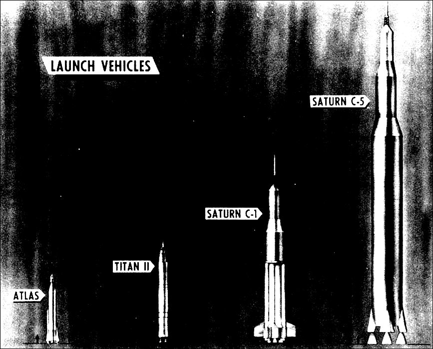 Early design concepts of C-1 and C-5 versions of the Saturn launch vehicles.