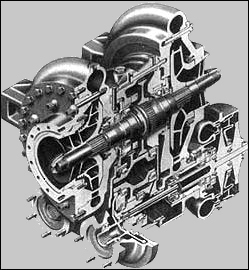 This cutaway drawing of the turbopump for the H-1 engine shows the back-to-back arrangement of oxidizer pump (at left end) and fuel pump (at right end) operating off a common turbine and gear box (center).
