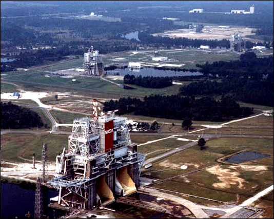 An aerial photo showing the three engine test complexes at the Mississippi Test Facility. In the foreground is the B Complex, which was originally used to test the first stage (S-IC) of the Apollo Saturn V rocket.