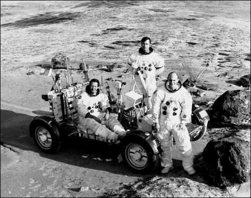 The crew of Apollo 16 pose during a training exercise at the Kennedy Space Center. Shown left to right are Lunar Module Pilot Charles M. Duke, Commander John W. Young, and Command Module Pilot Thomas K. Mattingly II. 