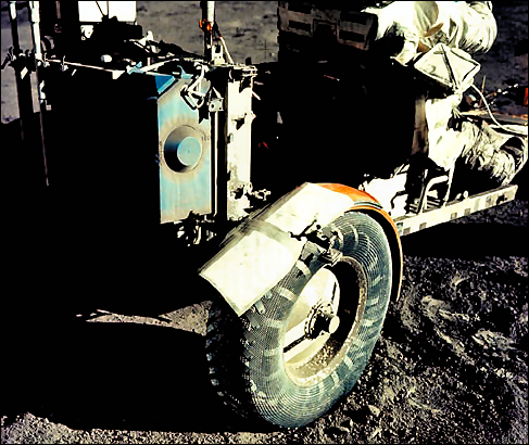 A close-up view of the lunar rover at the Apollo 17 landing site Taurus-Littrow.