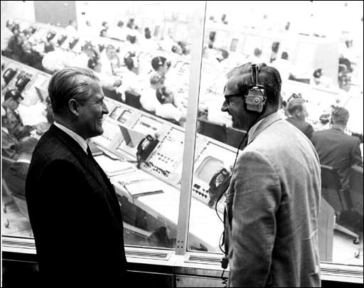Wernher von Braun talks with NASA Associate Administrator Dr. Thomas Paine at the Launch Control Center of the Kennedy Space Center prior to the launch of Apollo 6 on April 4, 1968