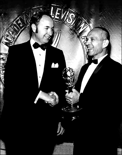 For the work done in this area, NASA received an Emmy Award from the National Academy of Television Arts and Sciences. Shown here is Faget accepting the award on behalf of NASA on June 29, 1970.