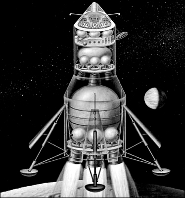 This early illustration shows a concept for Apollo which would have employed either the direct ascent or Earth orbital rendezvous mode of operation.