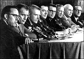 Key leaders in the Gemini program are shown during a press conference at the Manned Spacecraft Center in Houston on May 17, 1966, following the Gemini IX Atlas Agena failure when one of the two Atlas outboard engines gimbaled and locked into a hardover pitchdown position. 